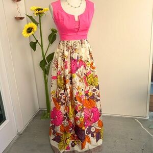Vintage 60s Fun Bold Colorful Psychedelic Pink, Yellow, Orange Floral Maxi Dress